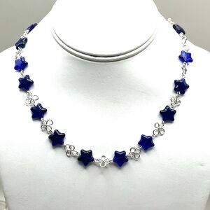 Starry Night Blue Glass Star Sterling Silver Dainty Chain Necklace